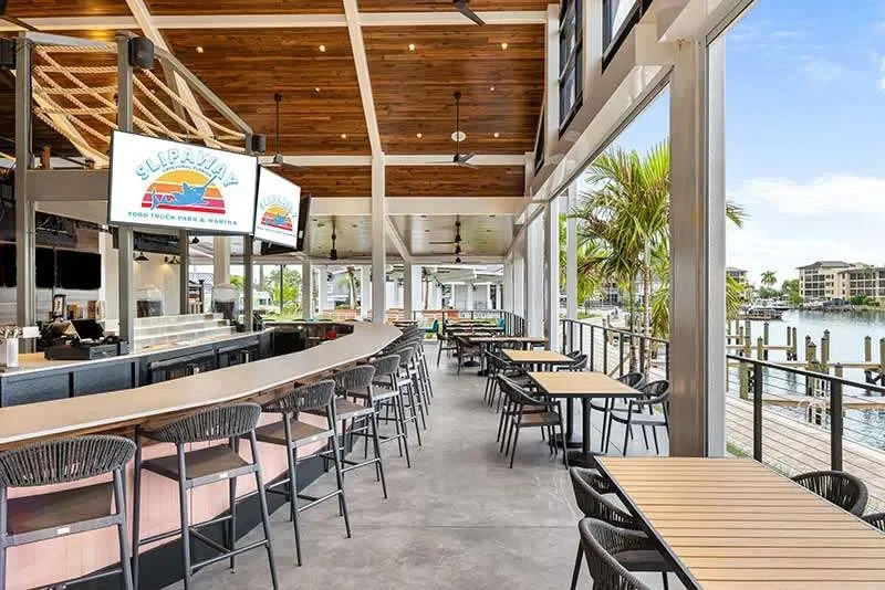 Slipaway Food Truck Park waterfront dining area in Cape Coral