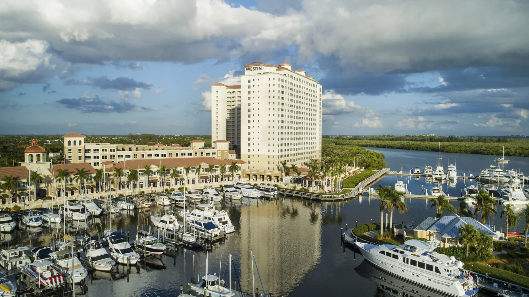 Aerial view of The Westin Cape Coral Resort at Marina Village and the Cape Coral marina